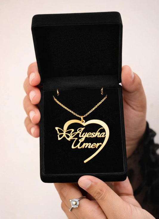 Customized Heart Name Necklace with Butterfly – Silver & Gold | Personalized Jewelry Gift