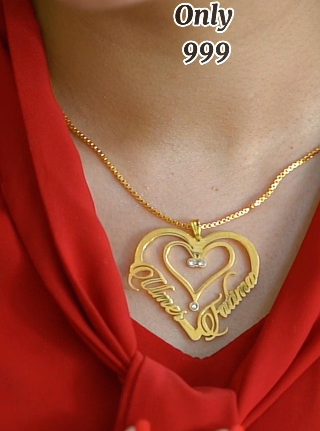 Gold heart-shaped necklace with 'Almae' pendant on a red background, featuring 'mibbilux.com' branding.