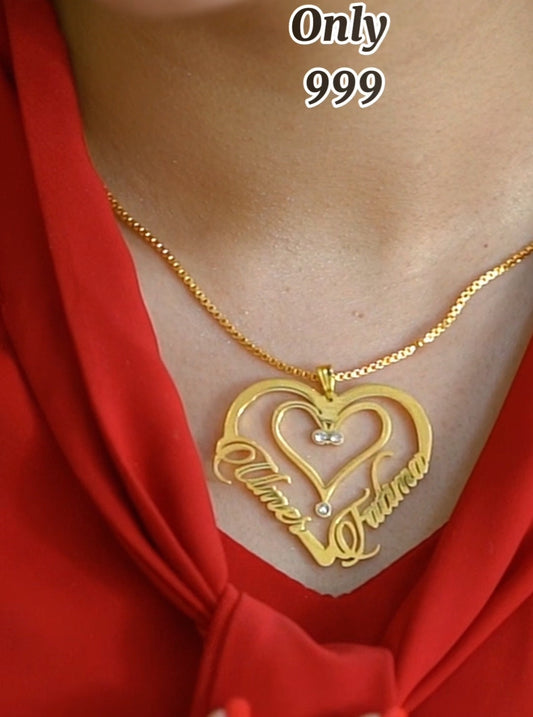 Gold heart-shaped necklace with 'Almae' pendant on a red background, featuring 'mibbilux.com' branding.