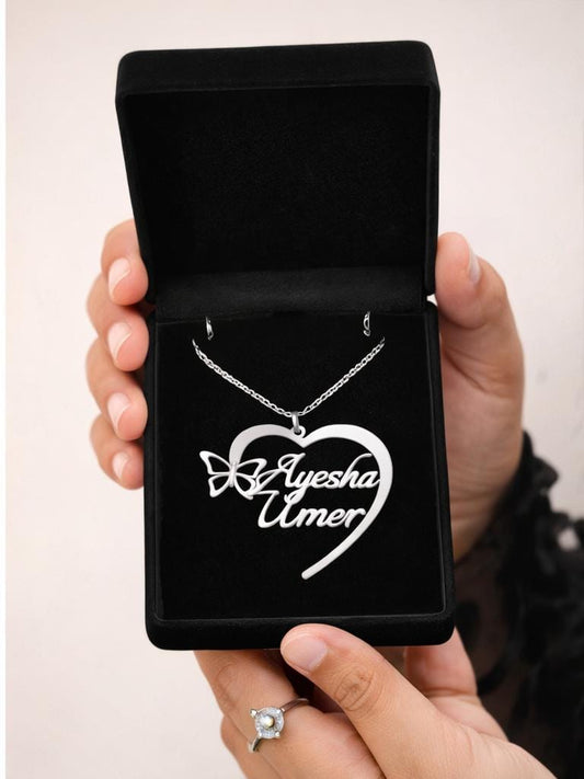 Customized Heart Name Necklace with Butterfly – Silver & Gold | Personalized Jewelry Gift
